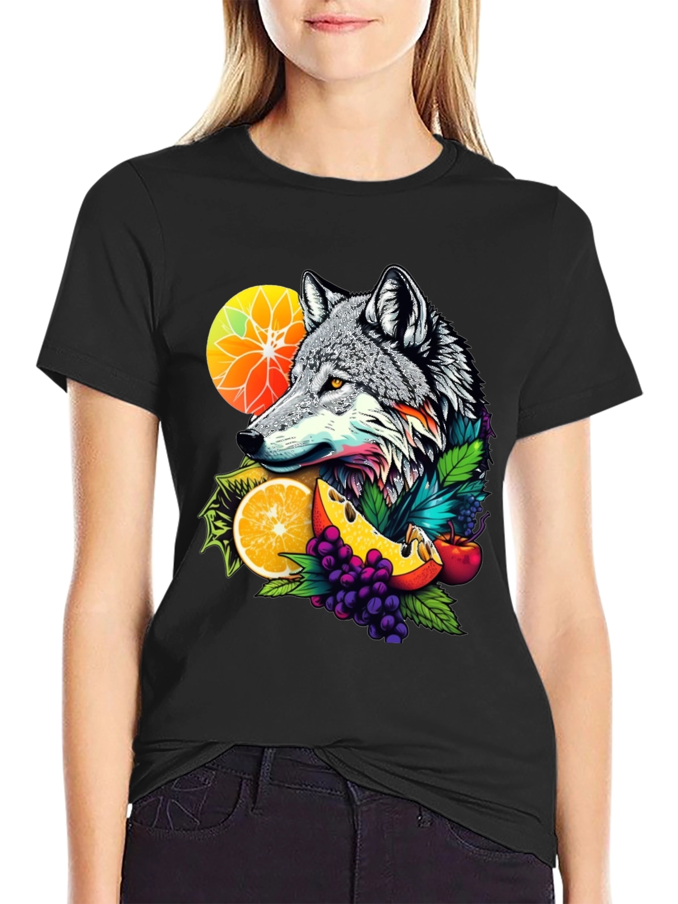 Wolf & Fruit Graphic Tee - Trendy Animal Design