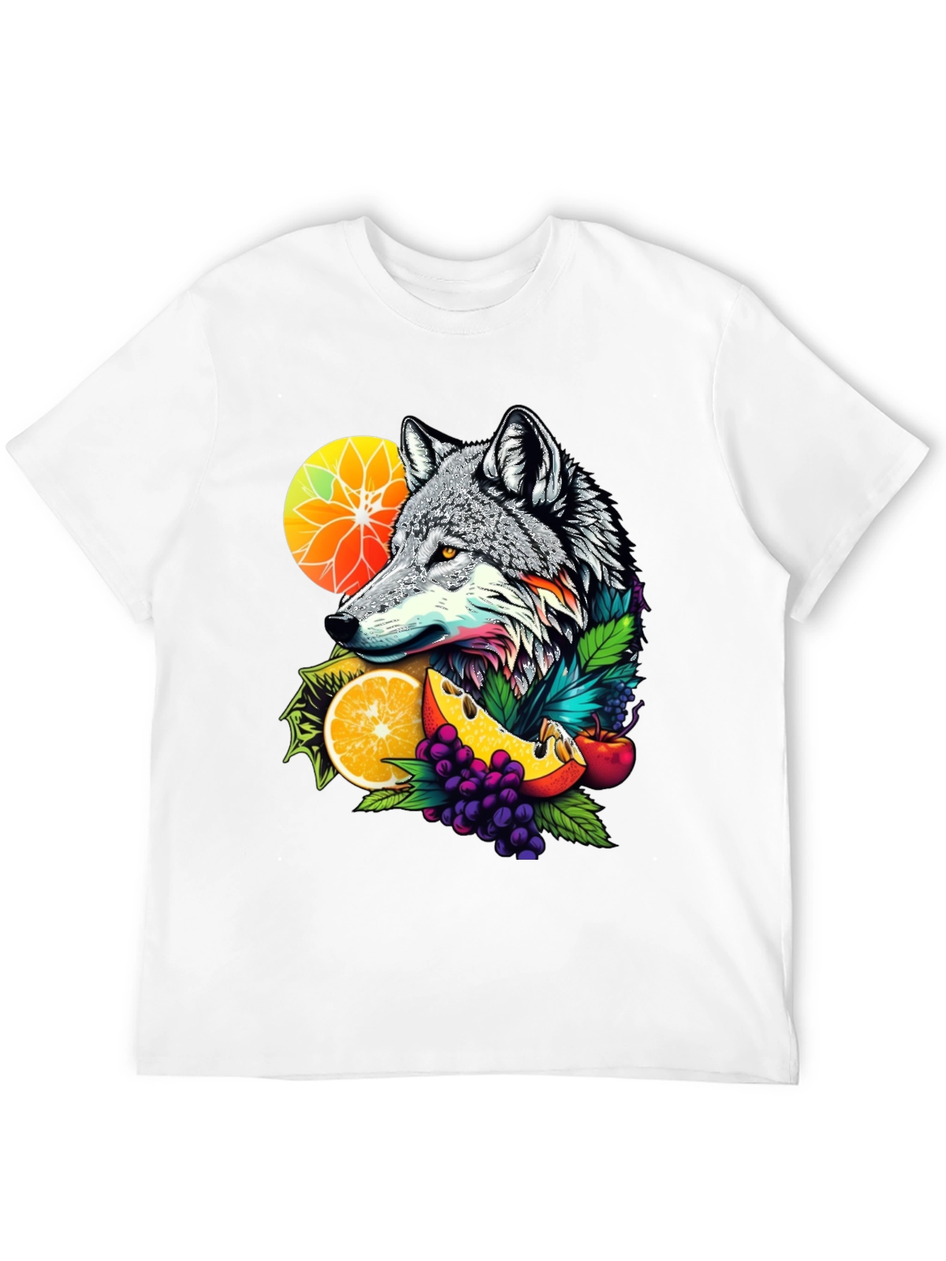 Wolf & Fruit Graphic Tee - Trendy Animal Design