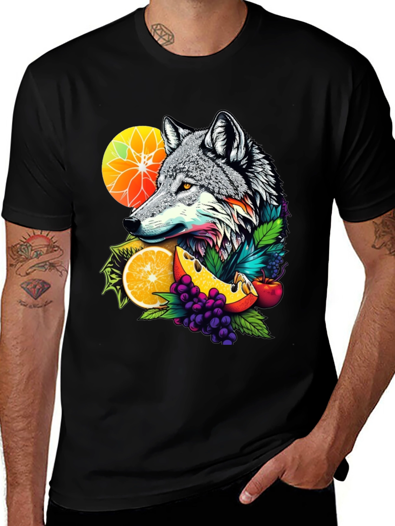 Wolf & Fruit Graphic Tee - Trendy Animal Design