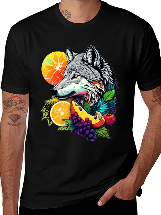 Wolf & Fruit Graphic Tee - Trendy Animal Design