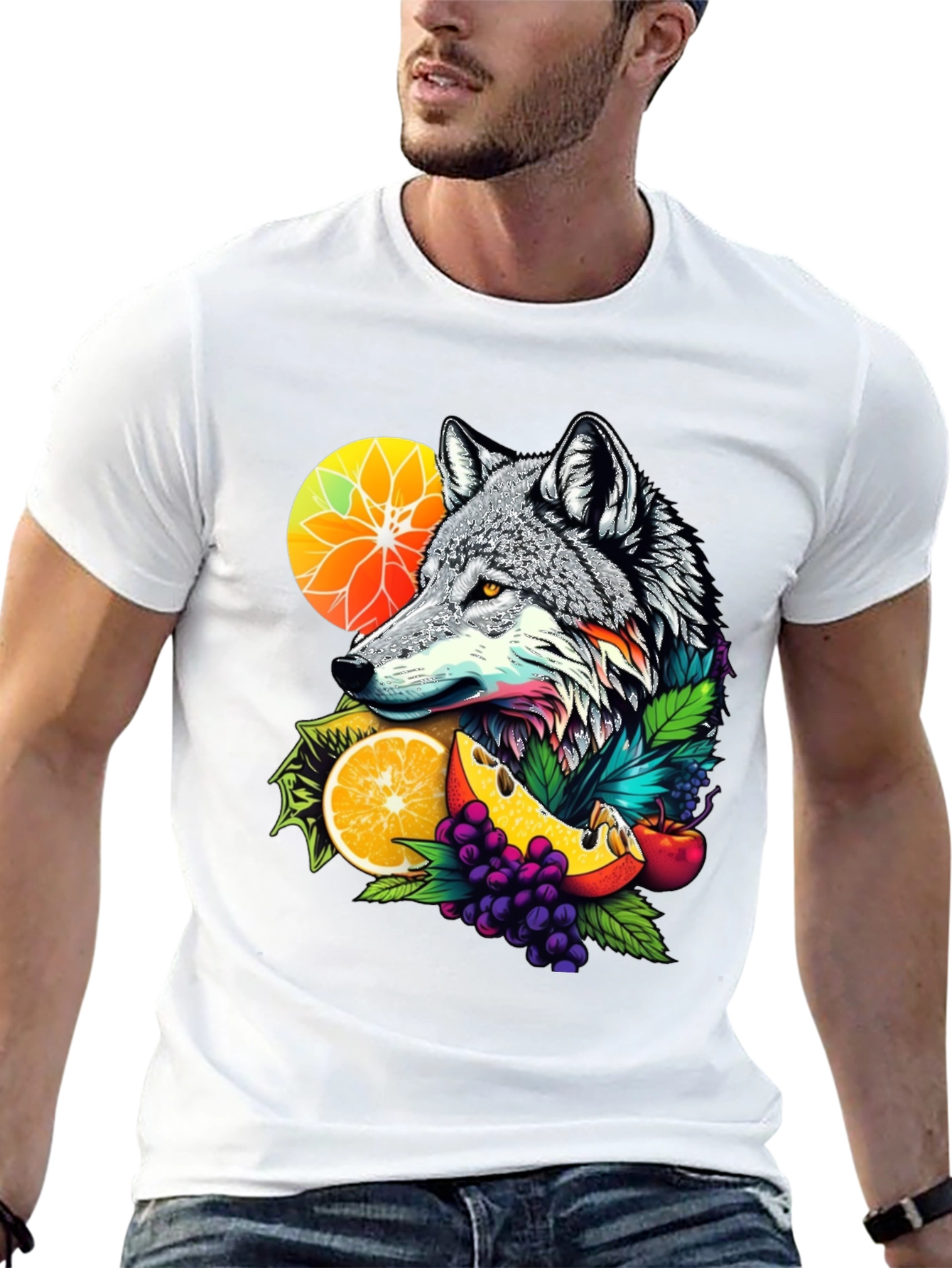 Wolf & Fruit Graphic Tee - Trendy Animal Design