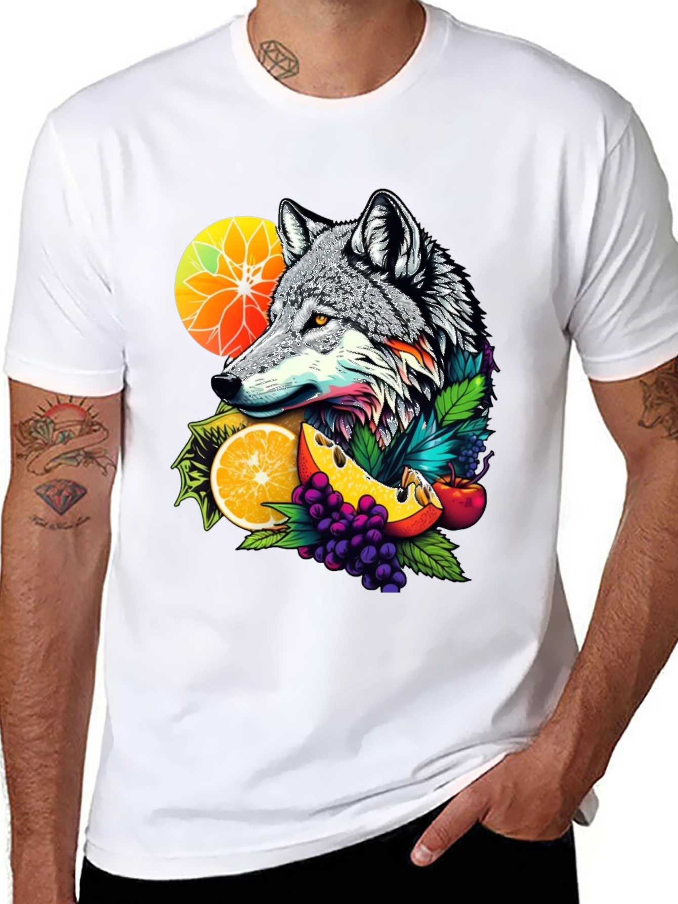 Wolf & Fruit Graphic Tee - Trendy Animal Design