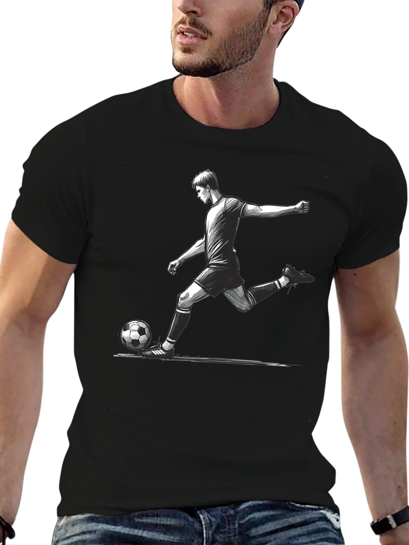 Soccer Player Graphic T-Shirt - Black Cotton Tee