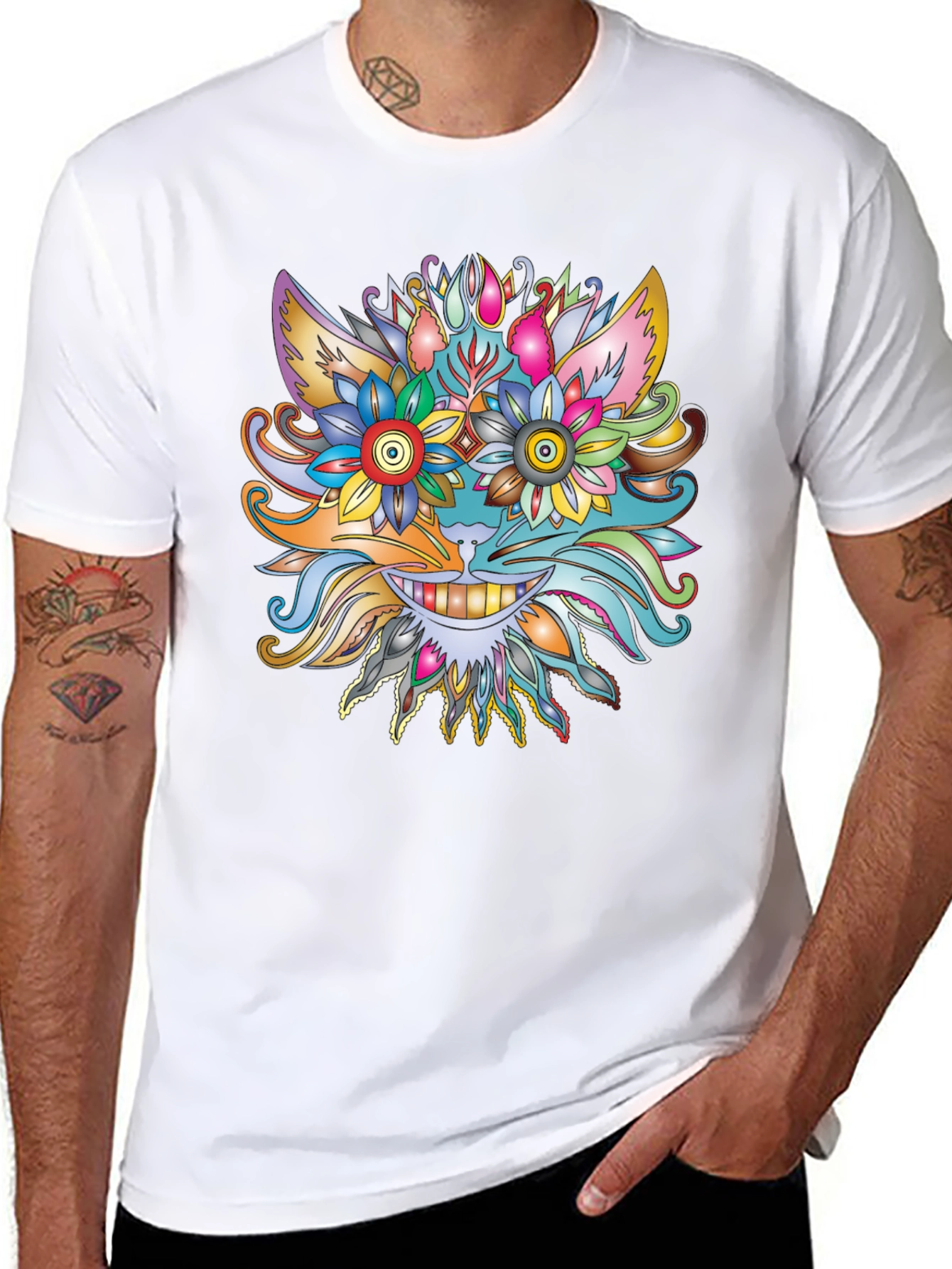 Floral Cat Graphic Tee - Unique Artistic Design