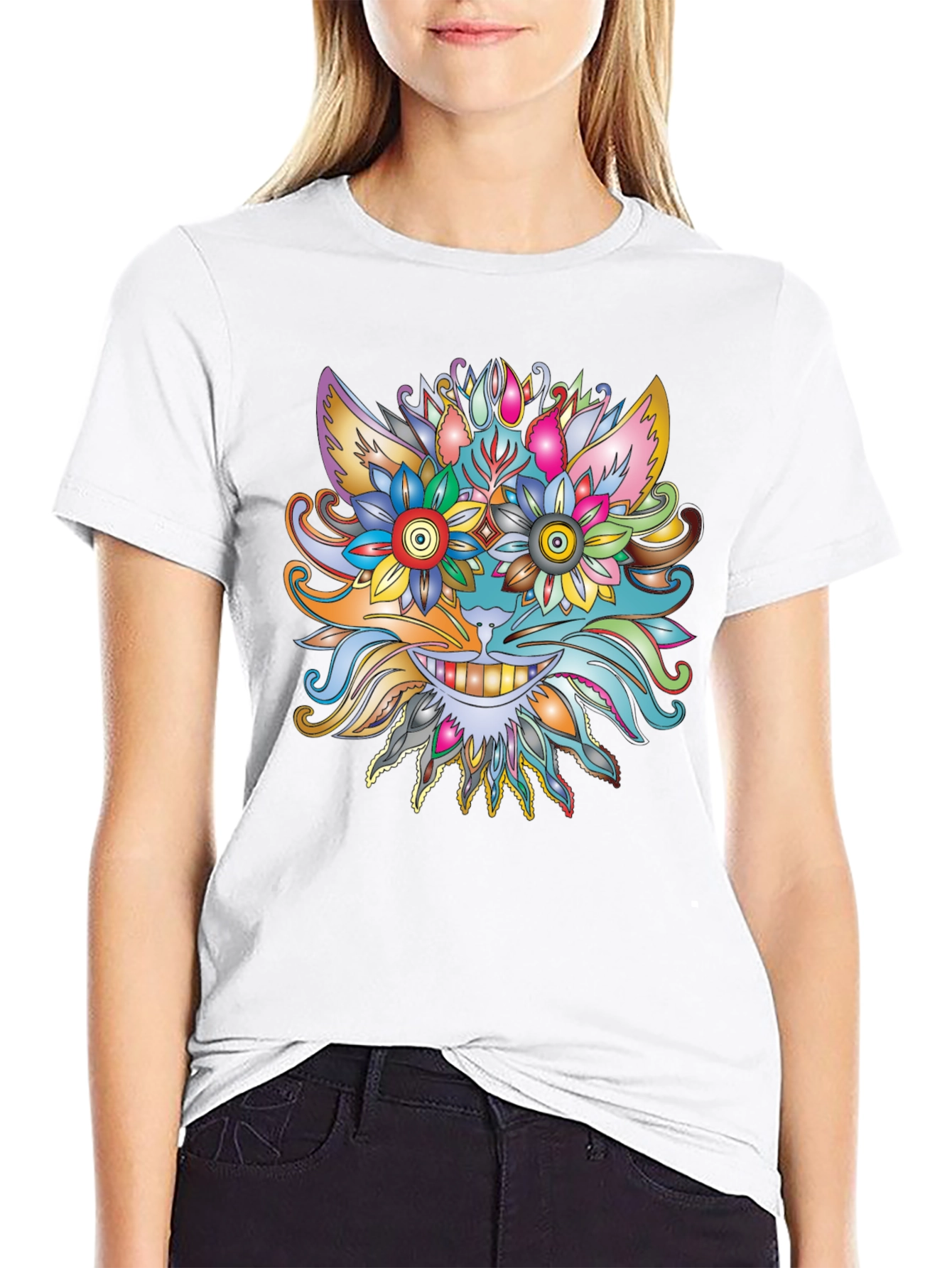 Floral Cat Graphic Tee - Unique Artistic Design