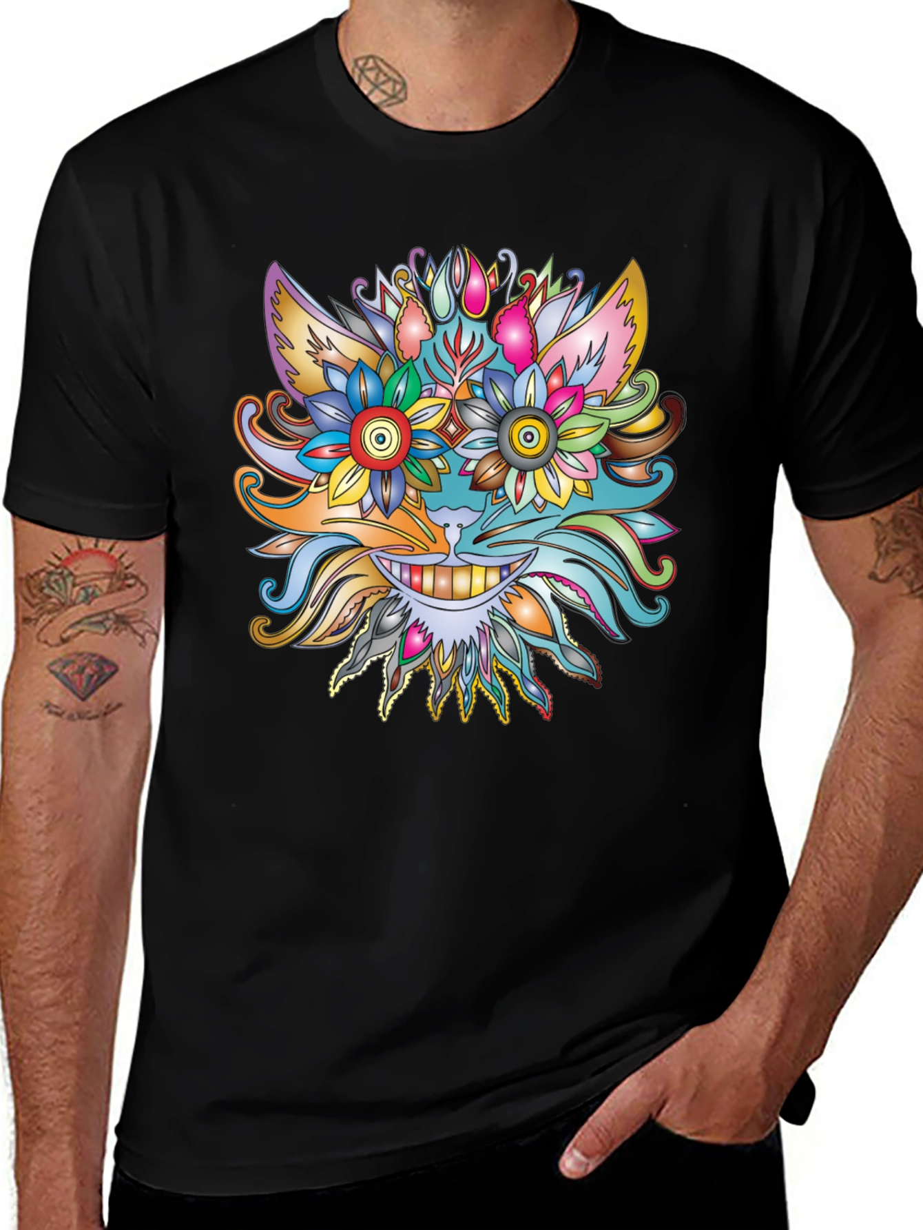 Floral Cat Graphic Tee - Unique Artistic Design