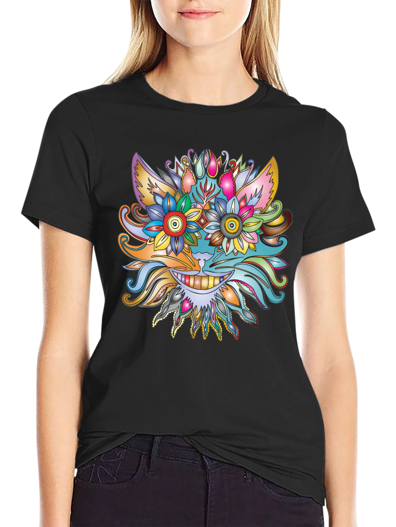 Floral Cat Graphic Tee - Unique Artistic Design
