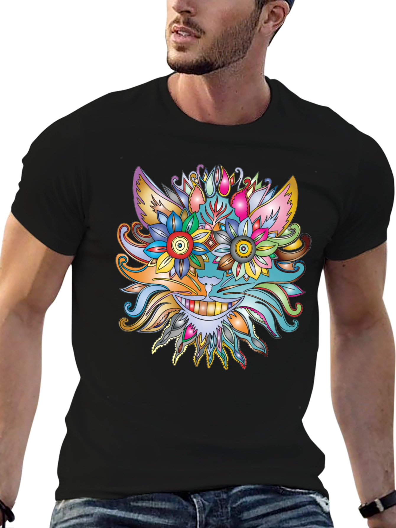 Floral Cat Graphic Tee - Unique Artistic Design