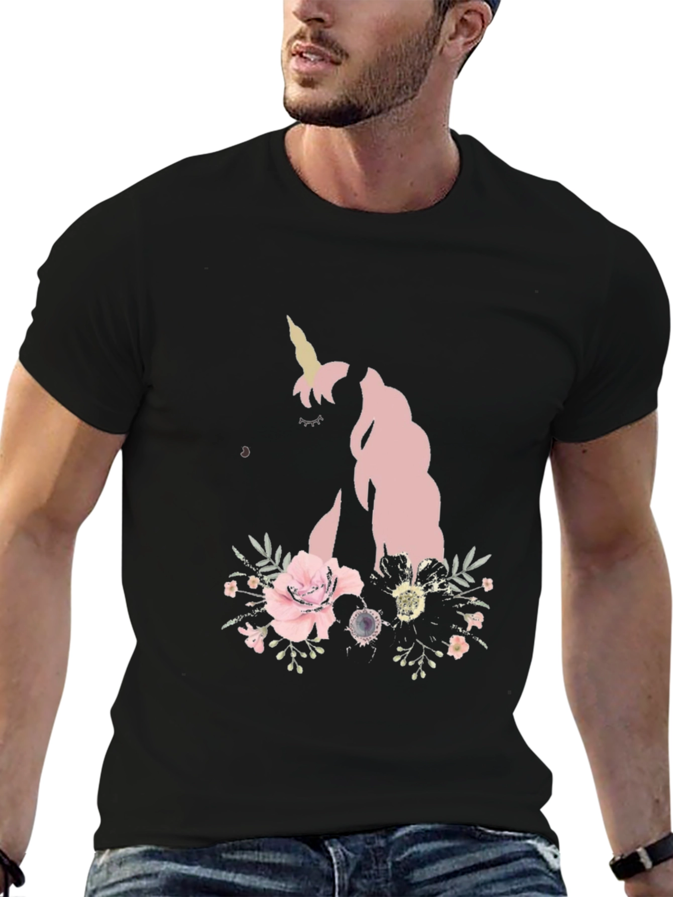 Floral Unicorn Black T-Shirt