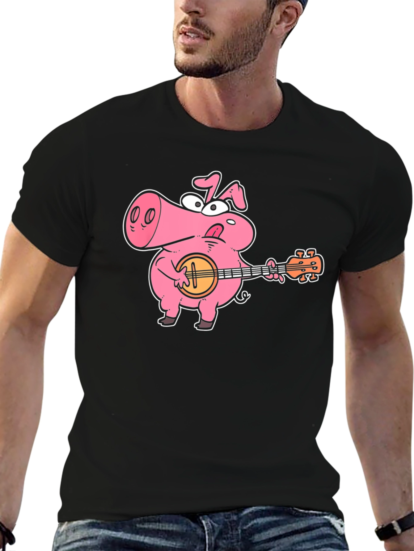 Pig Playing Banjo Graphic T-Shirt - Black Cotton Tee