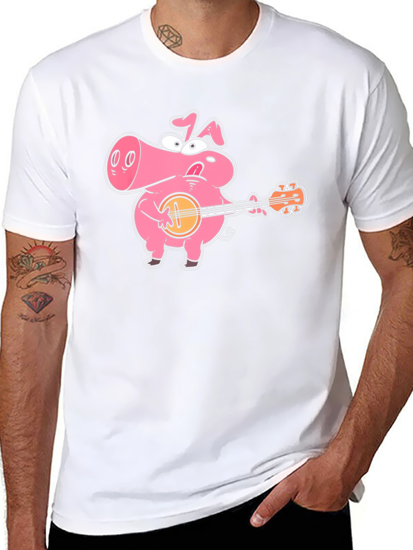 Pig Playing Banjo Graphic T-Shirt - Black Cotton Tee