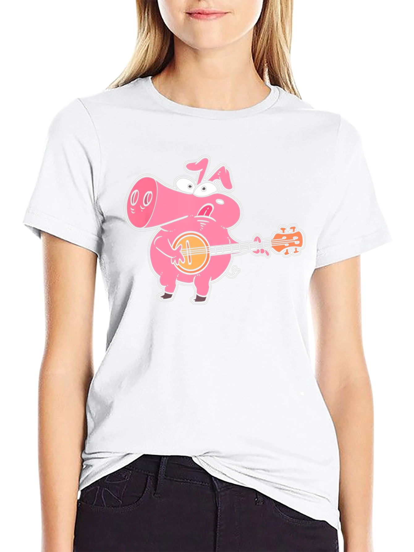 Pig Playing Banjo Graphic T-Shirt - Black Cotton Tee