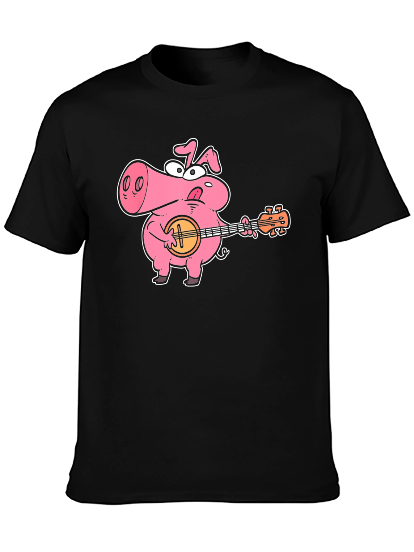 Pig Playing Banjo Graphic T-Shirt - Black Cotton Tee