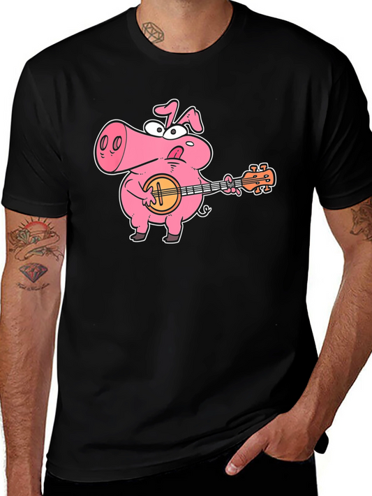 Pig Playing Banjo Graphic T-Shirt - Black Cotton Tee