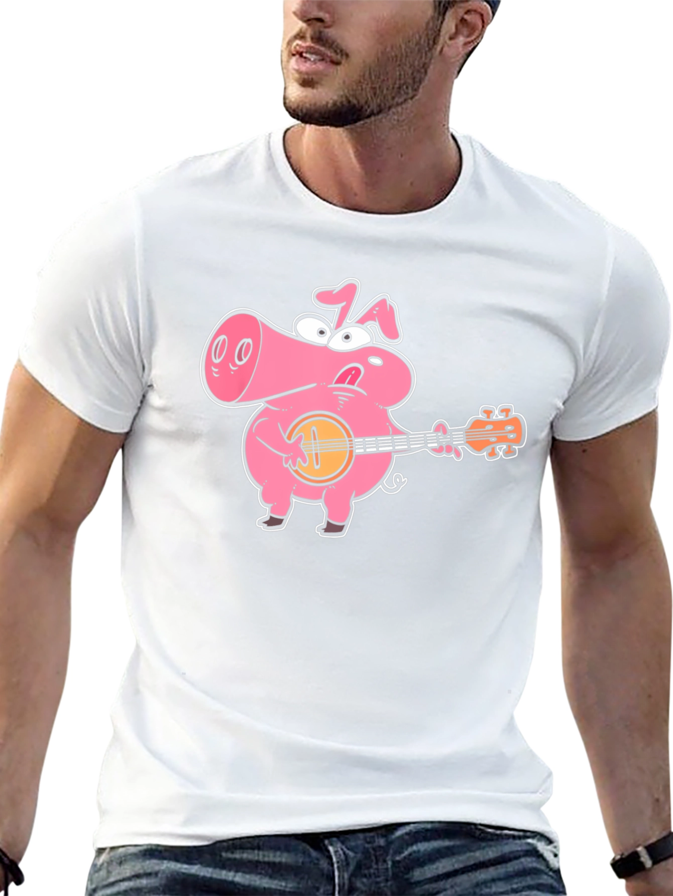 Pig Playing Banjo Graphic T-Shirt - Black Cotton Tee