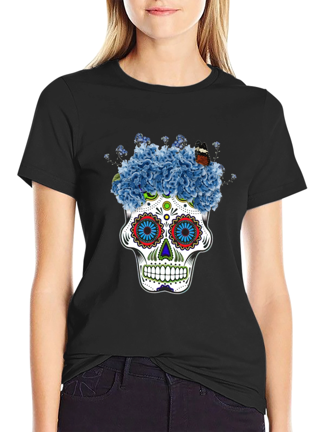 Floral Skull Graphic Tee - Black