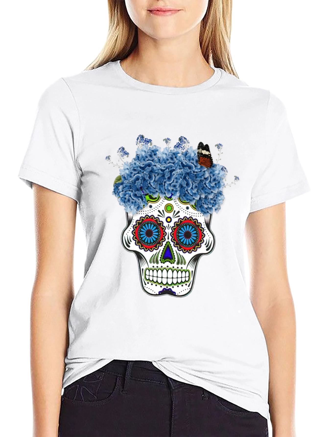 Floral Skull Graphic Tee - Black