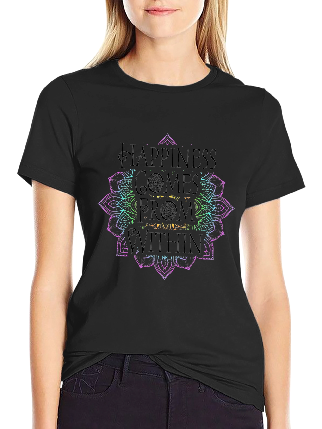 Happiness Within Mandala Graphic Tee - Black