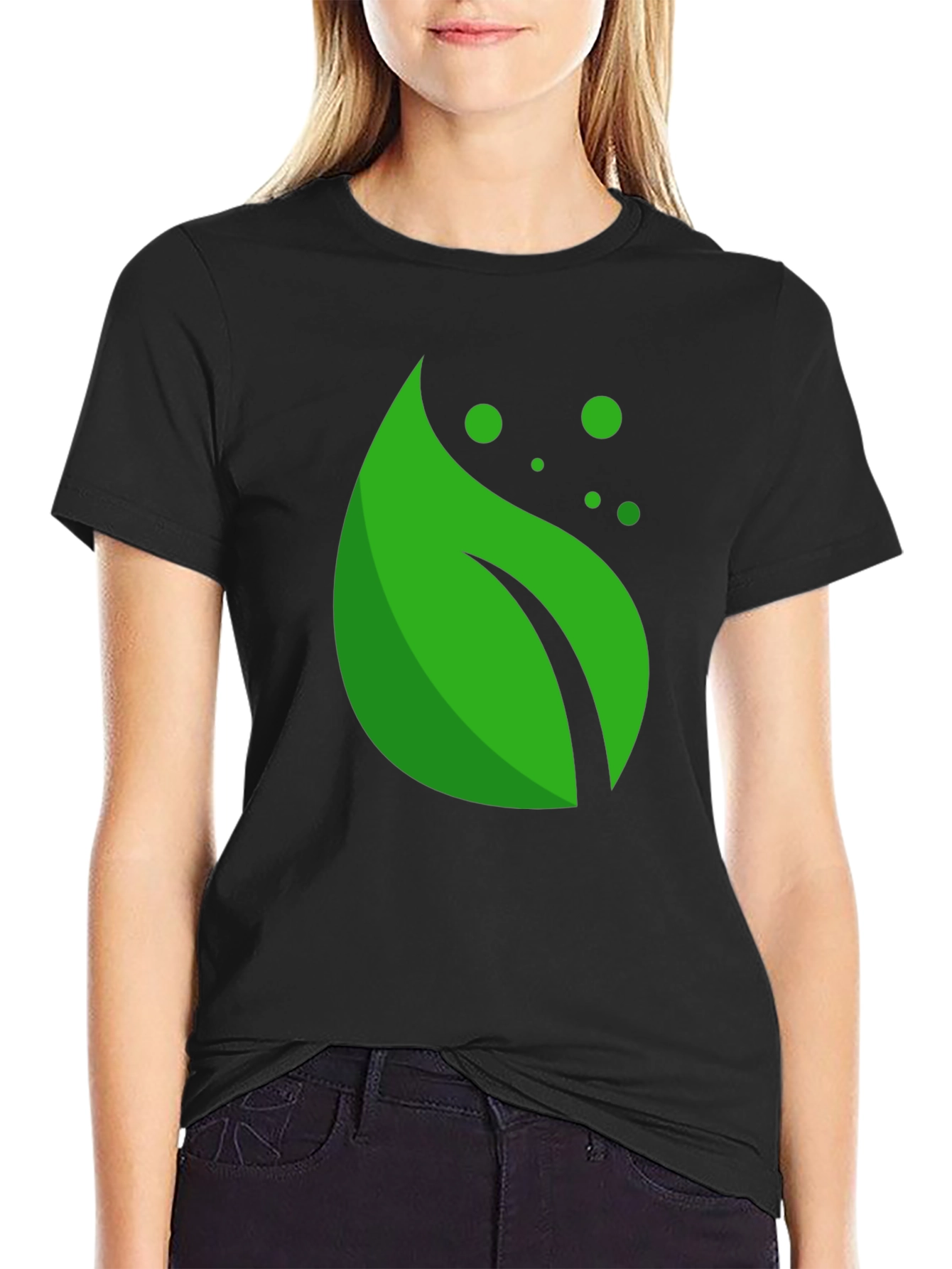 Green Leaf Graphic Black T-Shirt