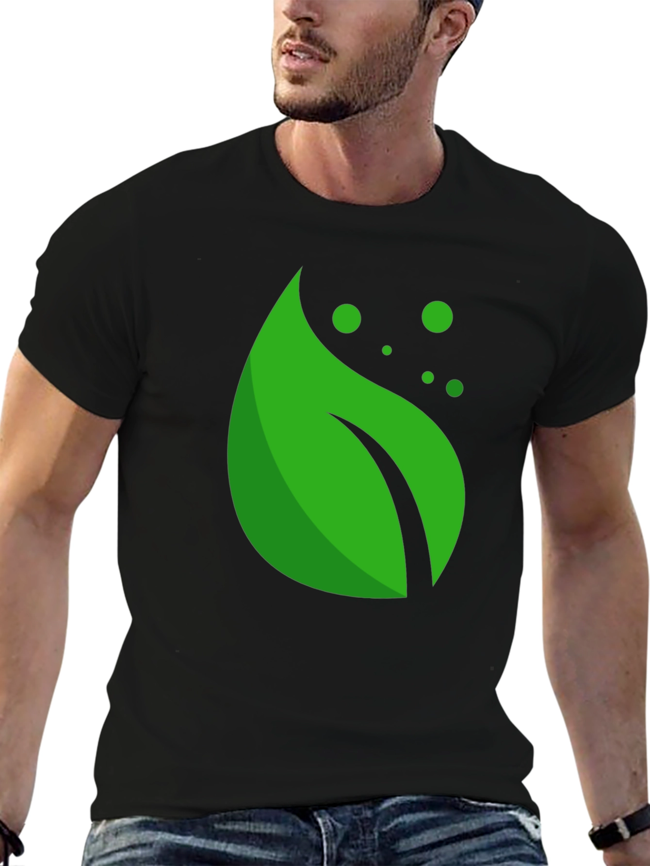 Green Leaf Graphic Black T-Shirt
