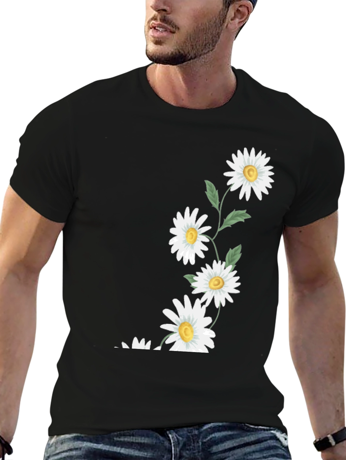 Daisy Print Black T-Shirt - Casual Floral Tee