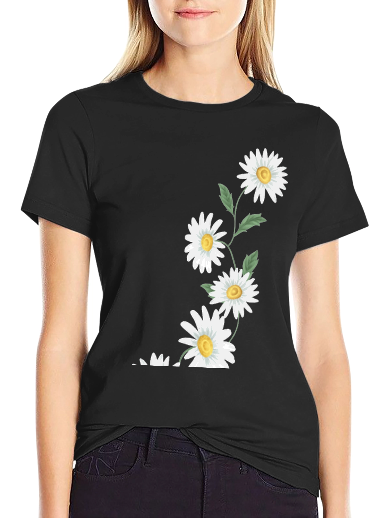 Daisy Print Black T-Shirt - Casual Floral Tee