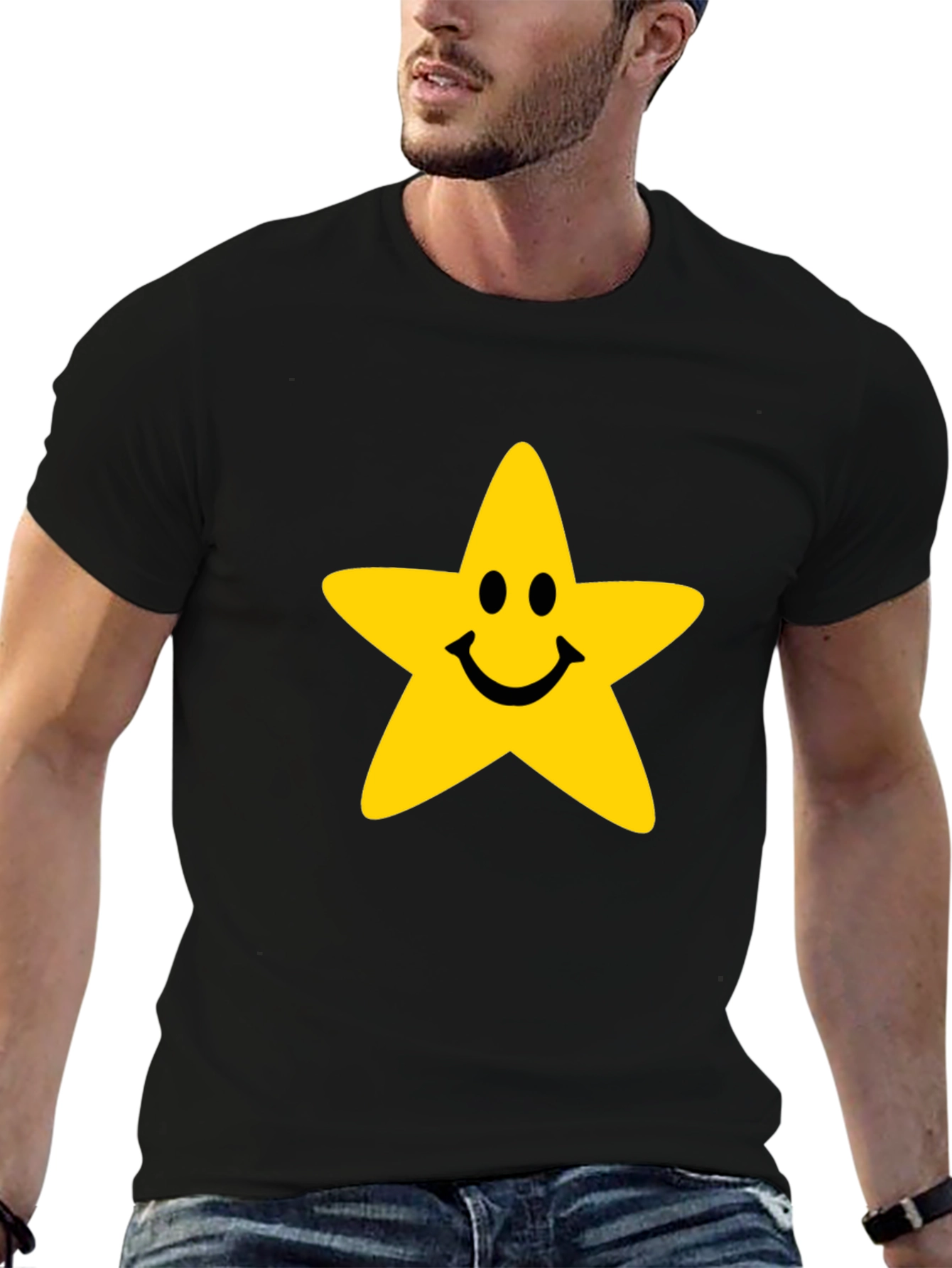 Smiley Star Graphic Tee - Black Cotton T-Shirt