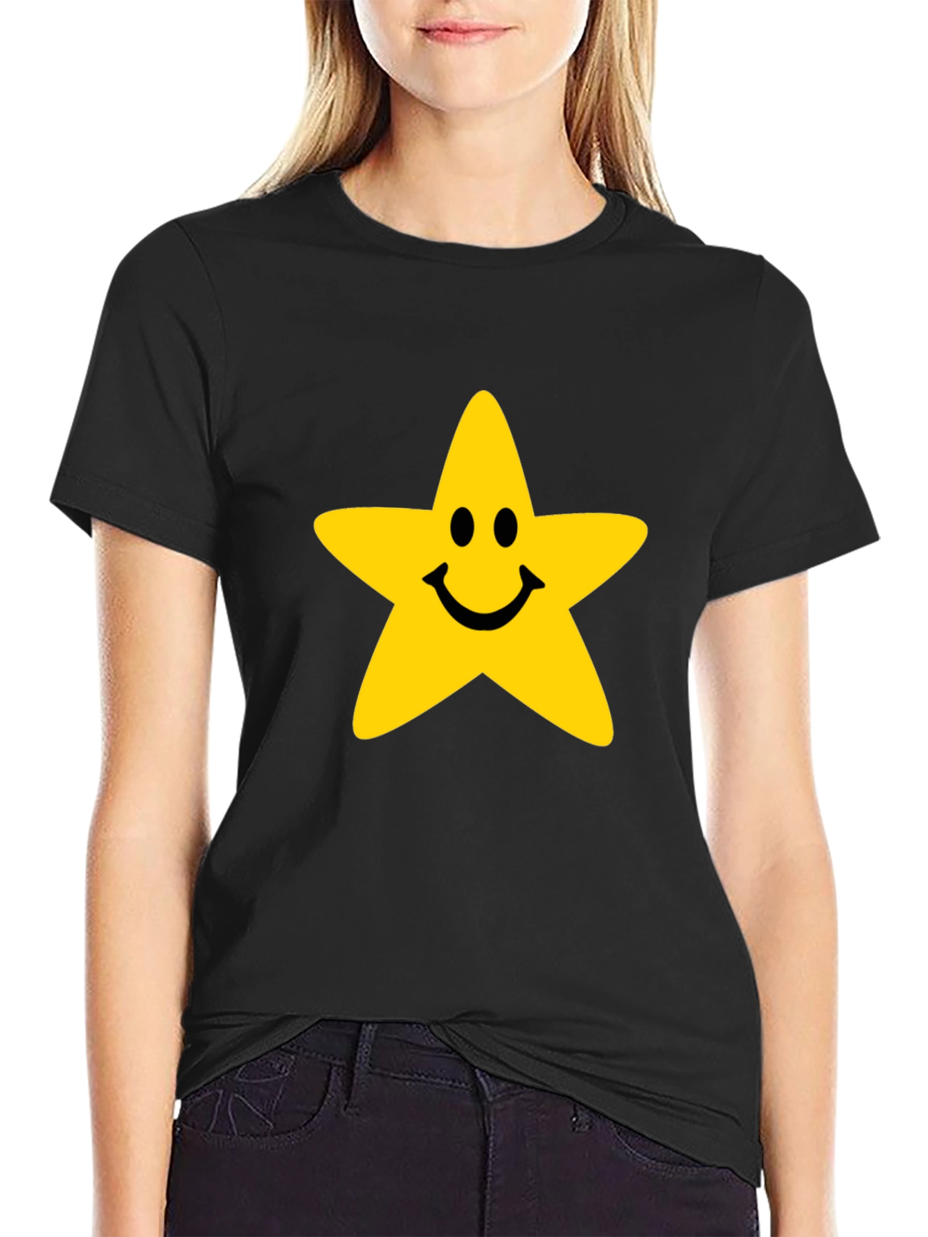 Smiley Star Graphic Tee - Black Cotton T-Shirt