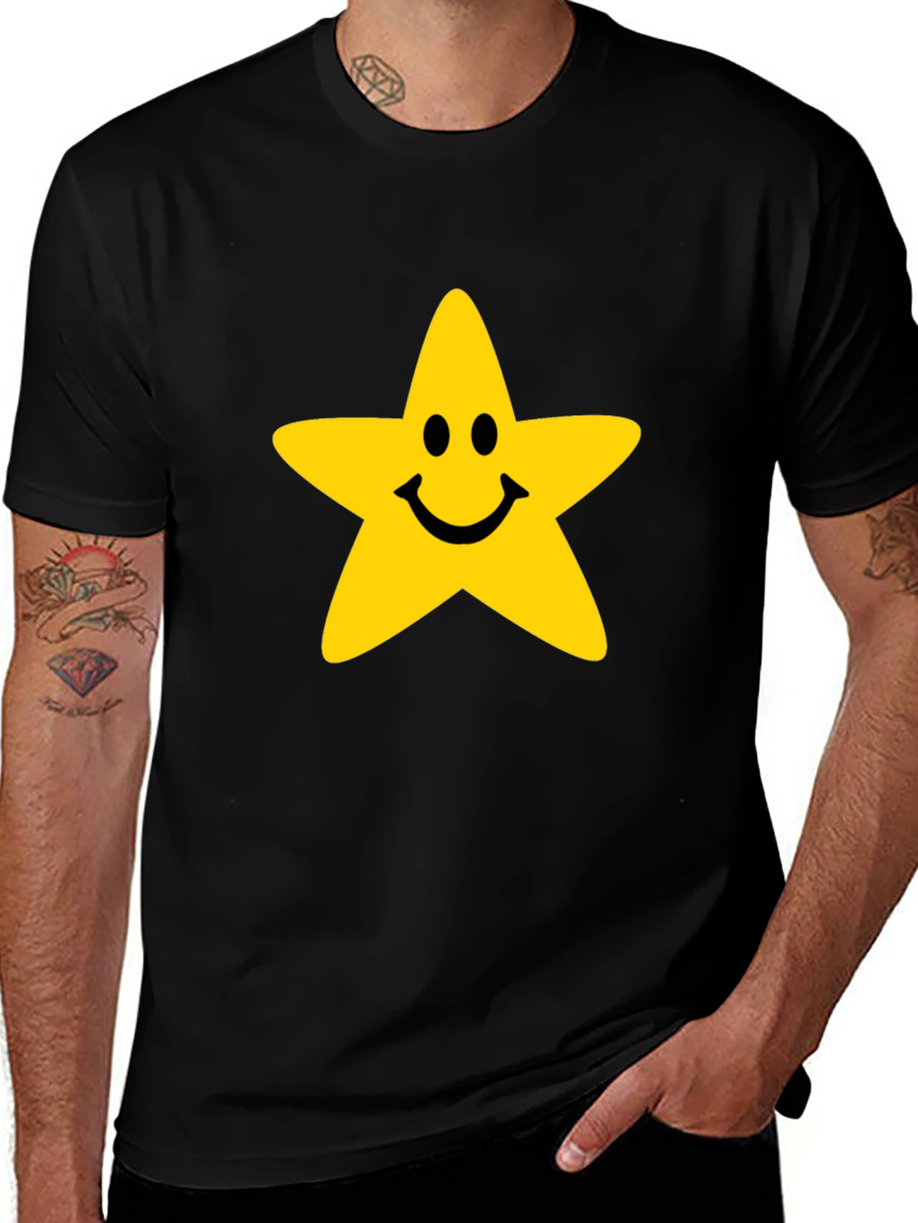Smiley Star Graphic Tee - Black Cotton T-Shirt