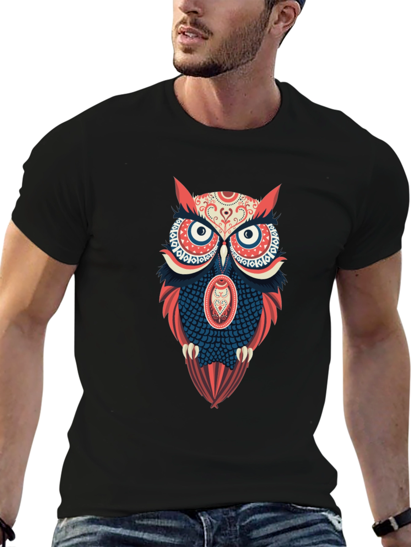Owl Graphic Print Mens Black T-Shirt