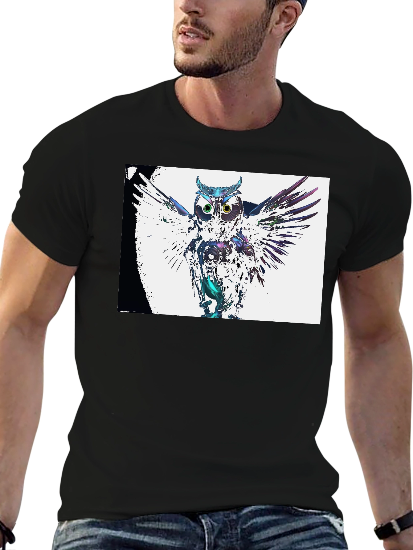 Abstract Owl Graphic Print Black T-Shirt