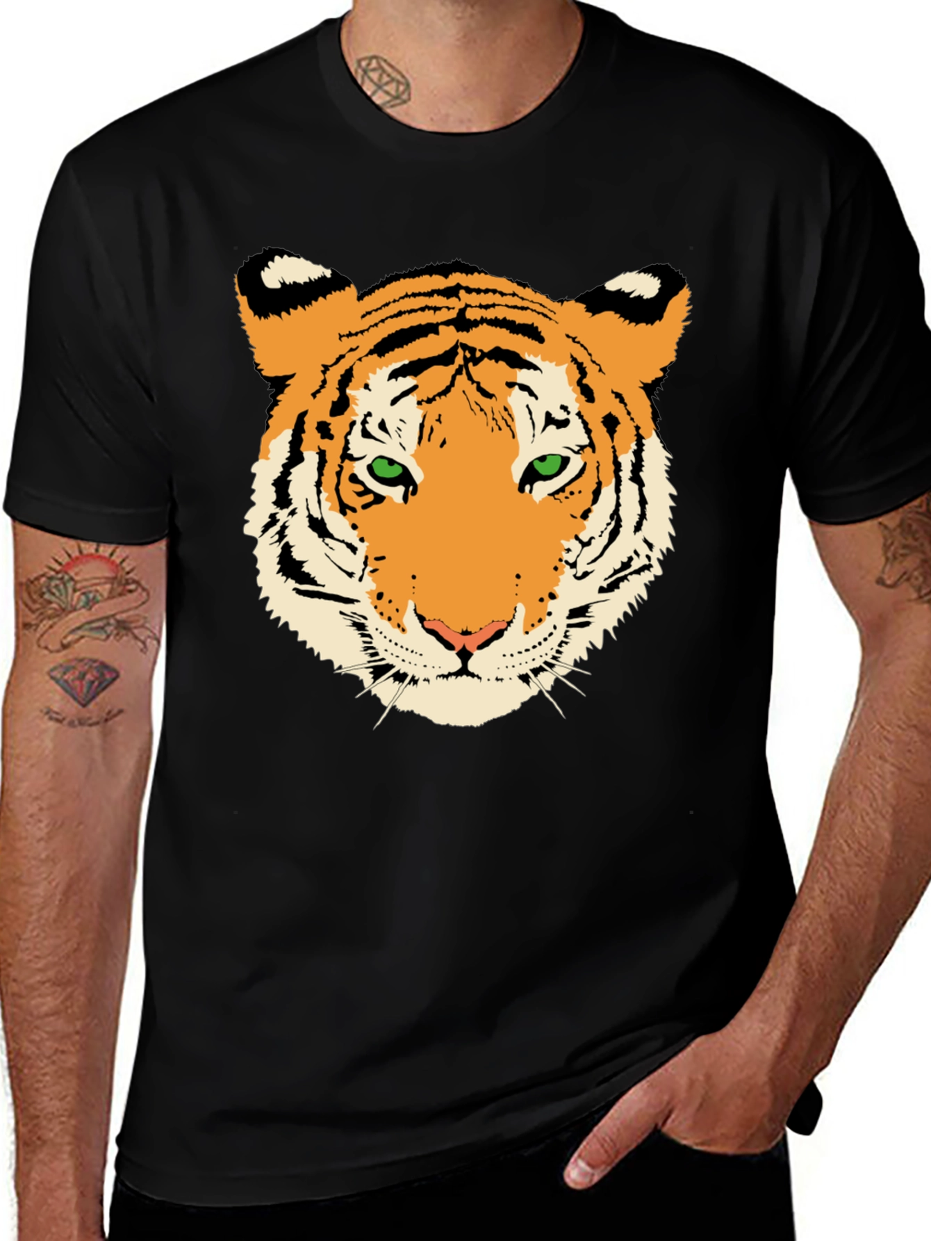 Tiger Face Graphic Tee - Black Cotton T-Shirt