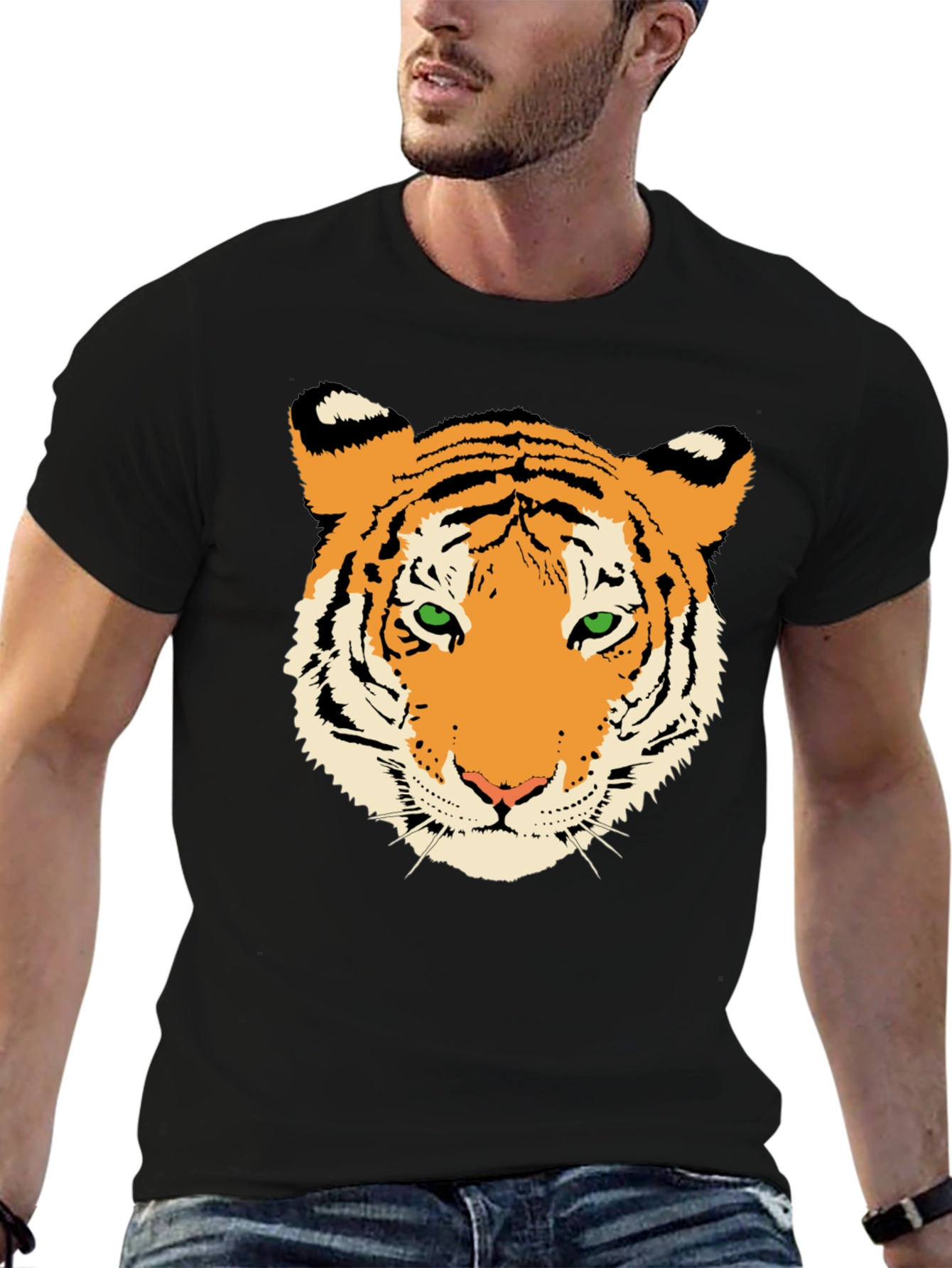 Tiger Face Graphic Tee - Black Cotton T-Shirt