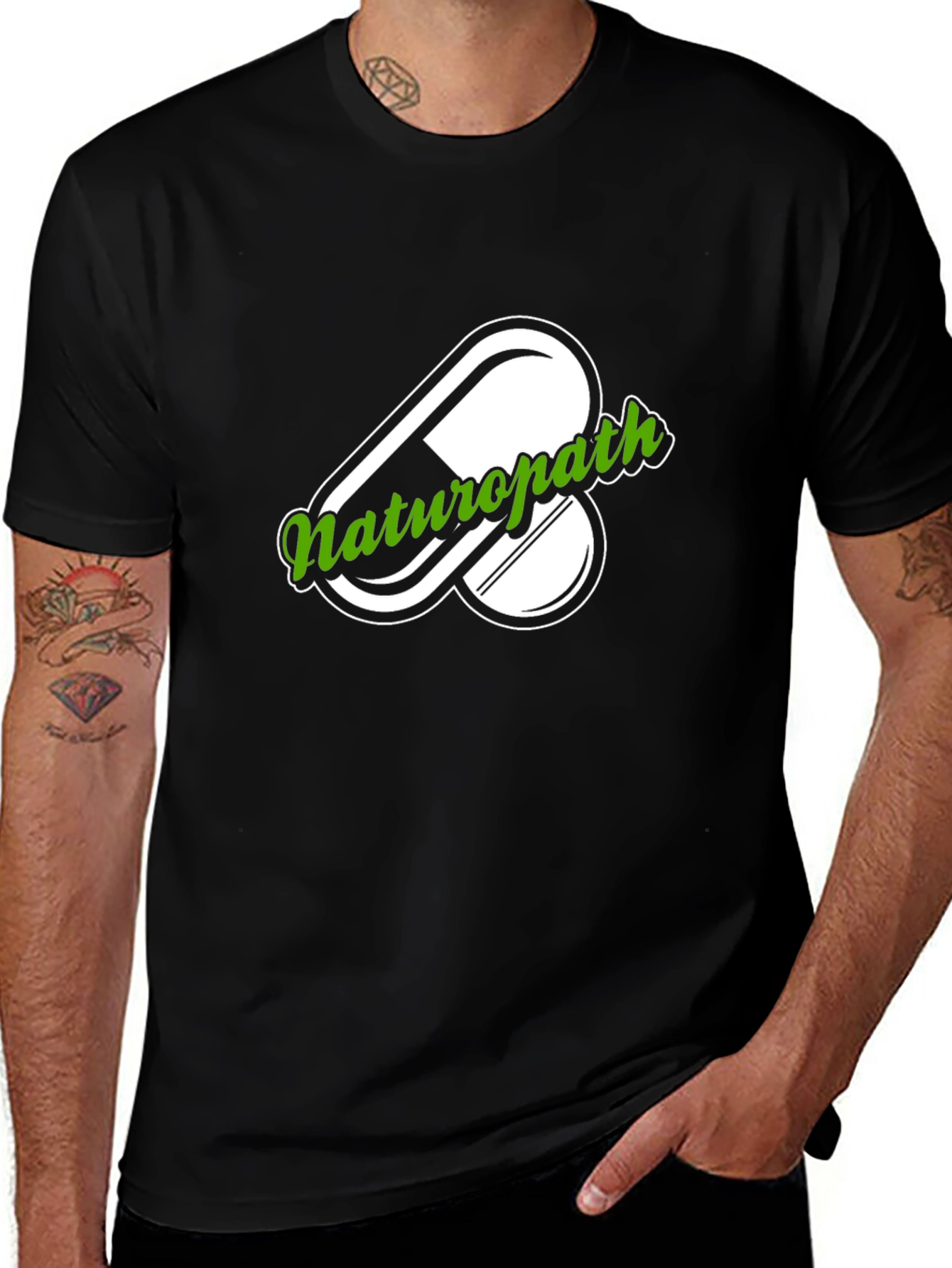 Naturopath T-Shirt - Pill Design - Green Text