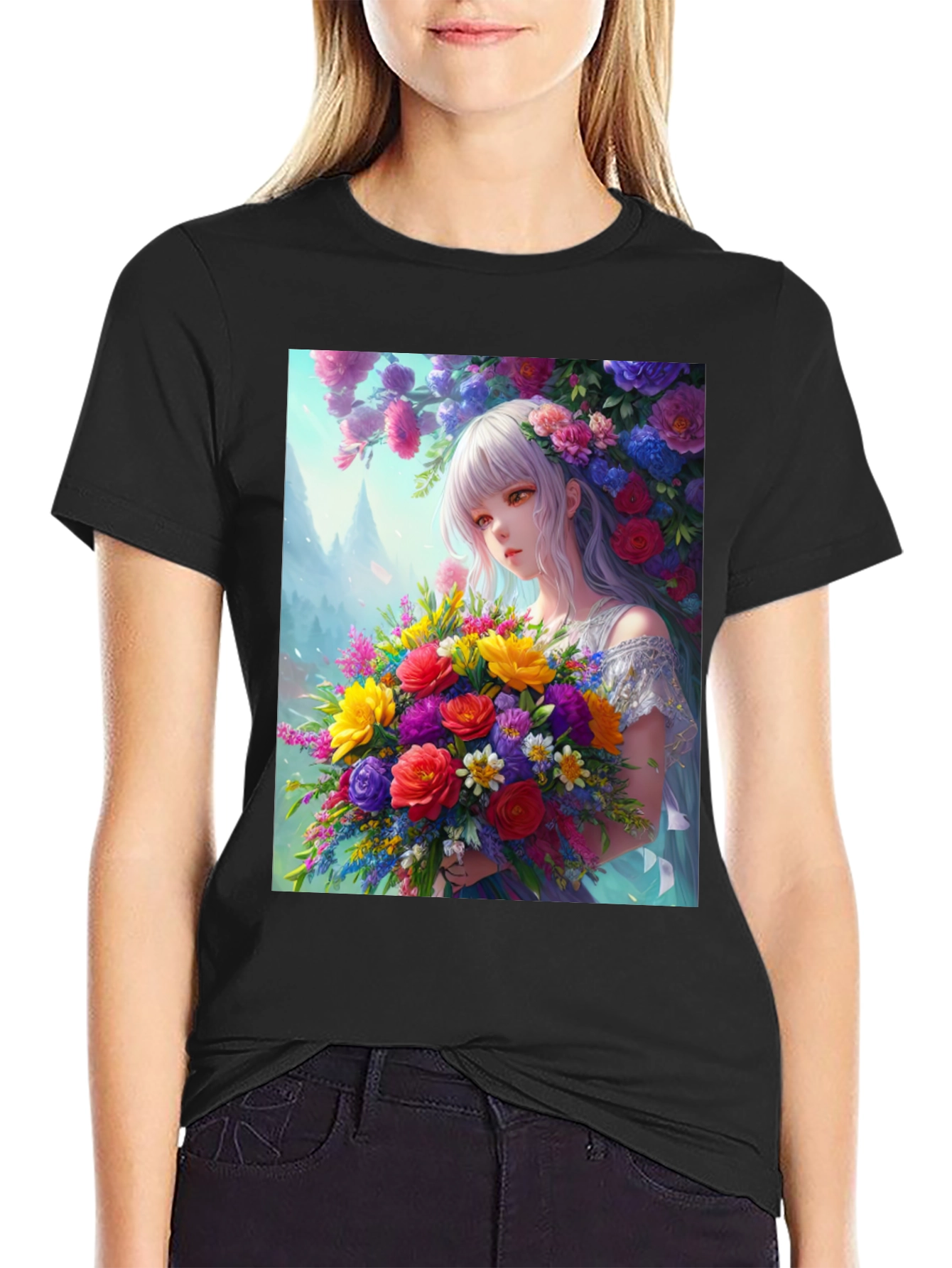 Floral Anime Girl Graphic Tee