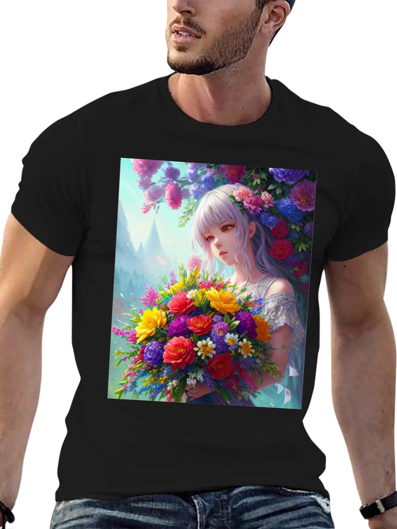 Floral Anime Girl Graphic Tee