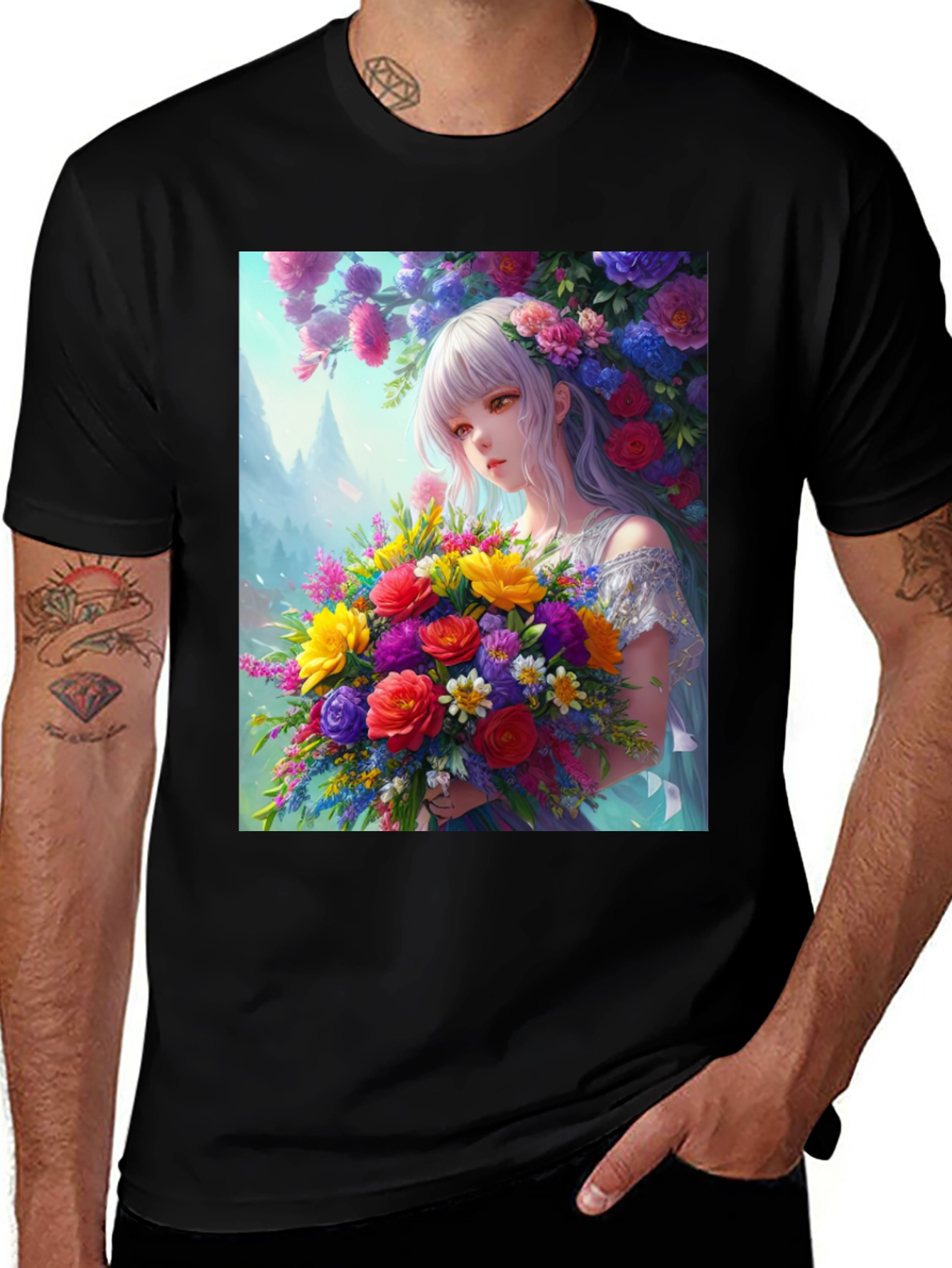 Floral Anime Girl Graphic Tee
