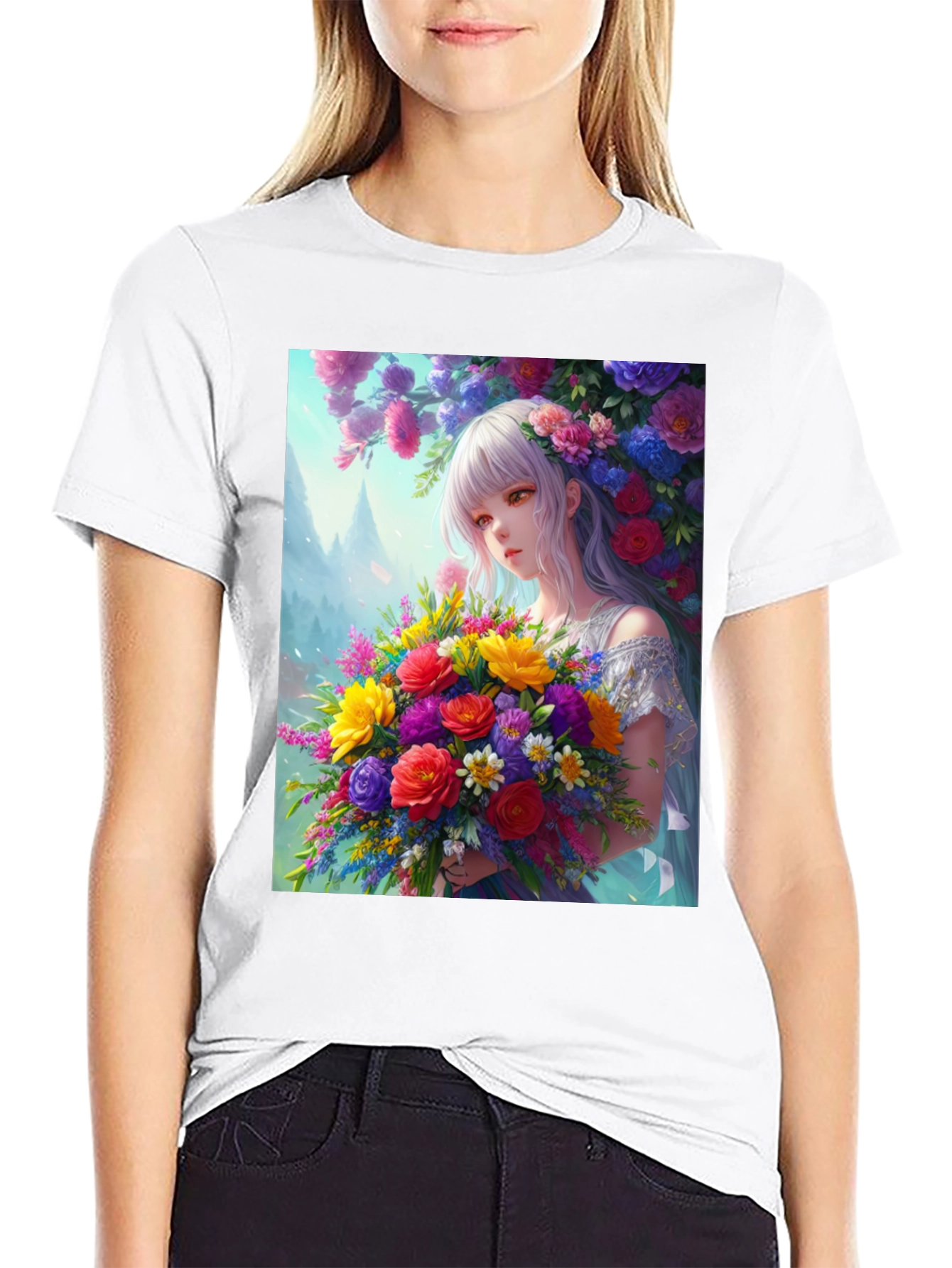 Floral Anime Girl Graphic Tee