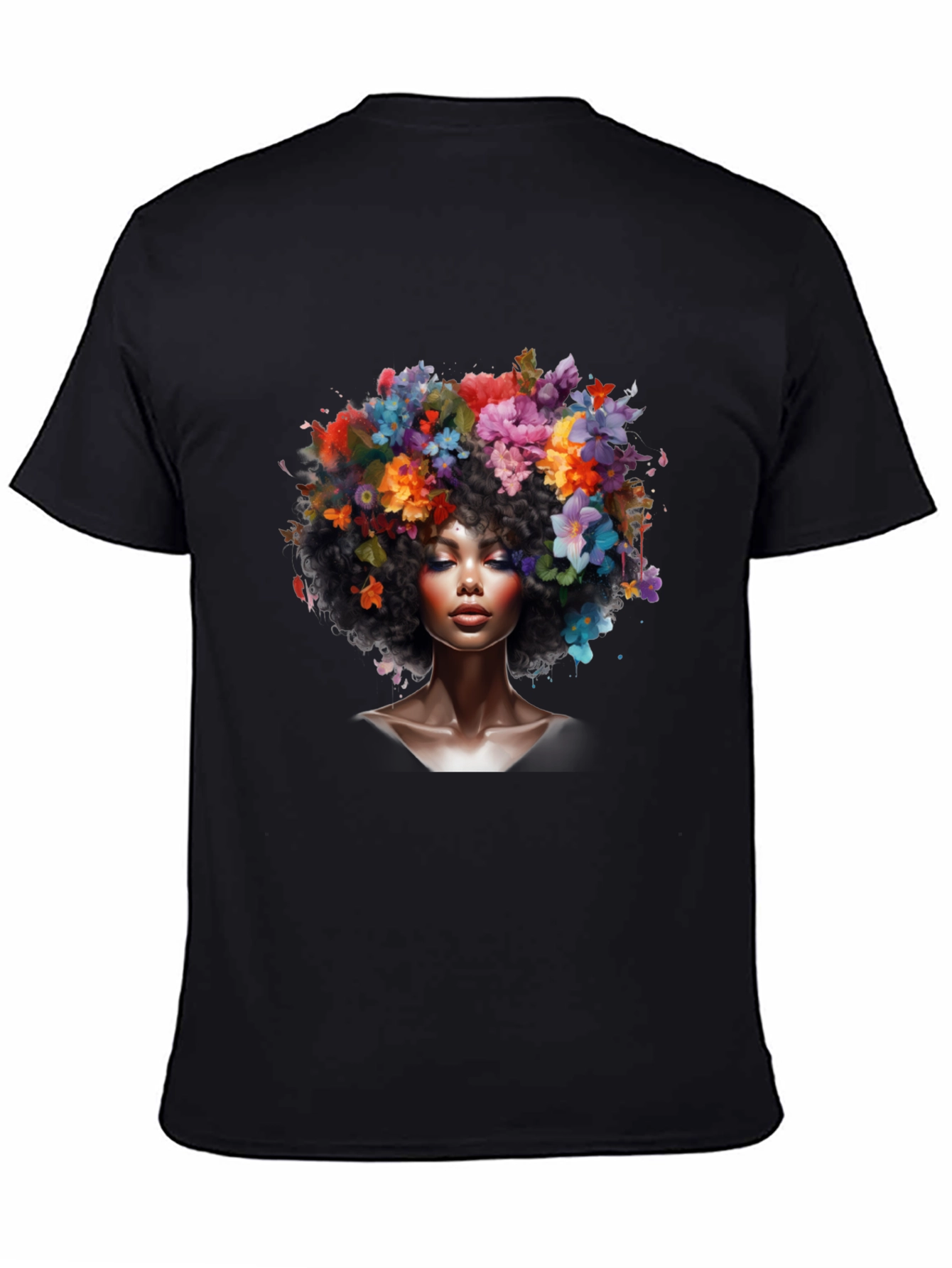 Floral Afro Woman Black T-Shirt