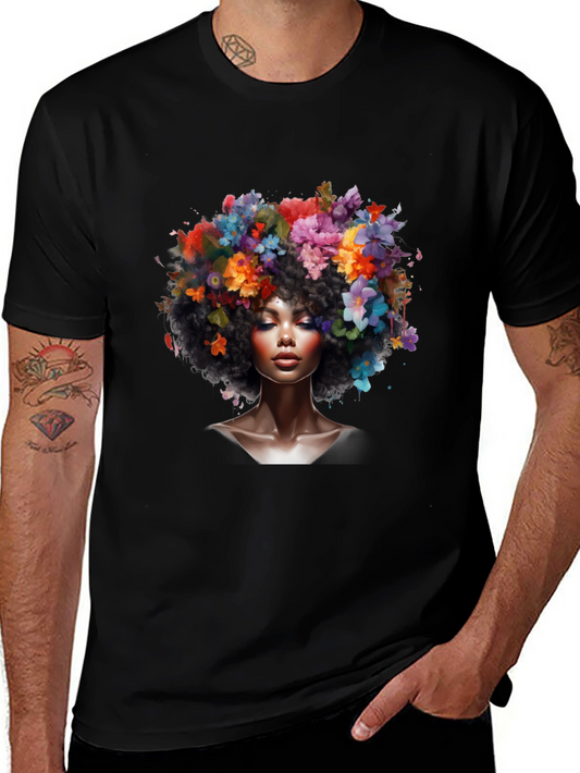 Floral Afro Woman Black T-Shirt