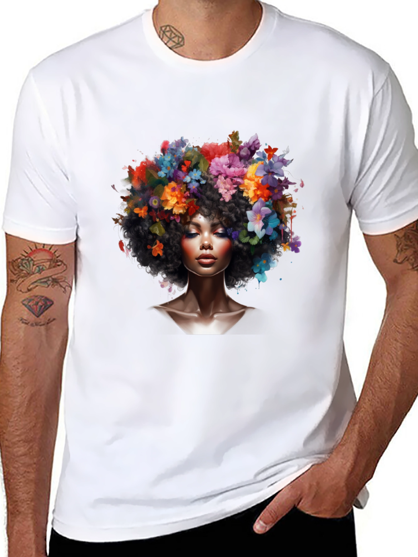 Floral Afro Woman Black T-Shirt