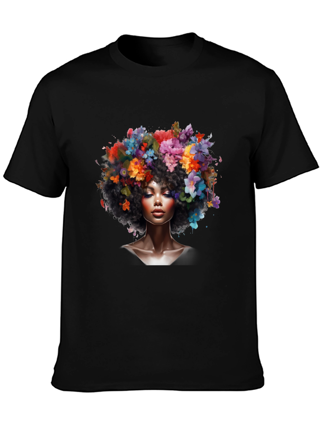 Floral Afro Woman Black T-Shirt