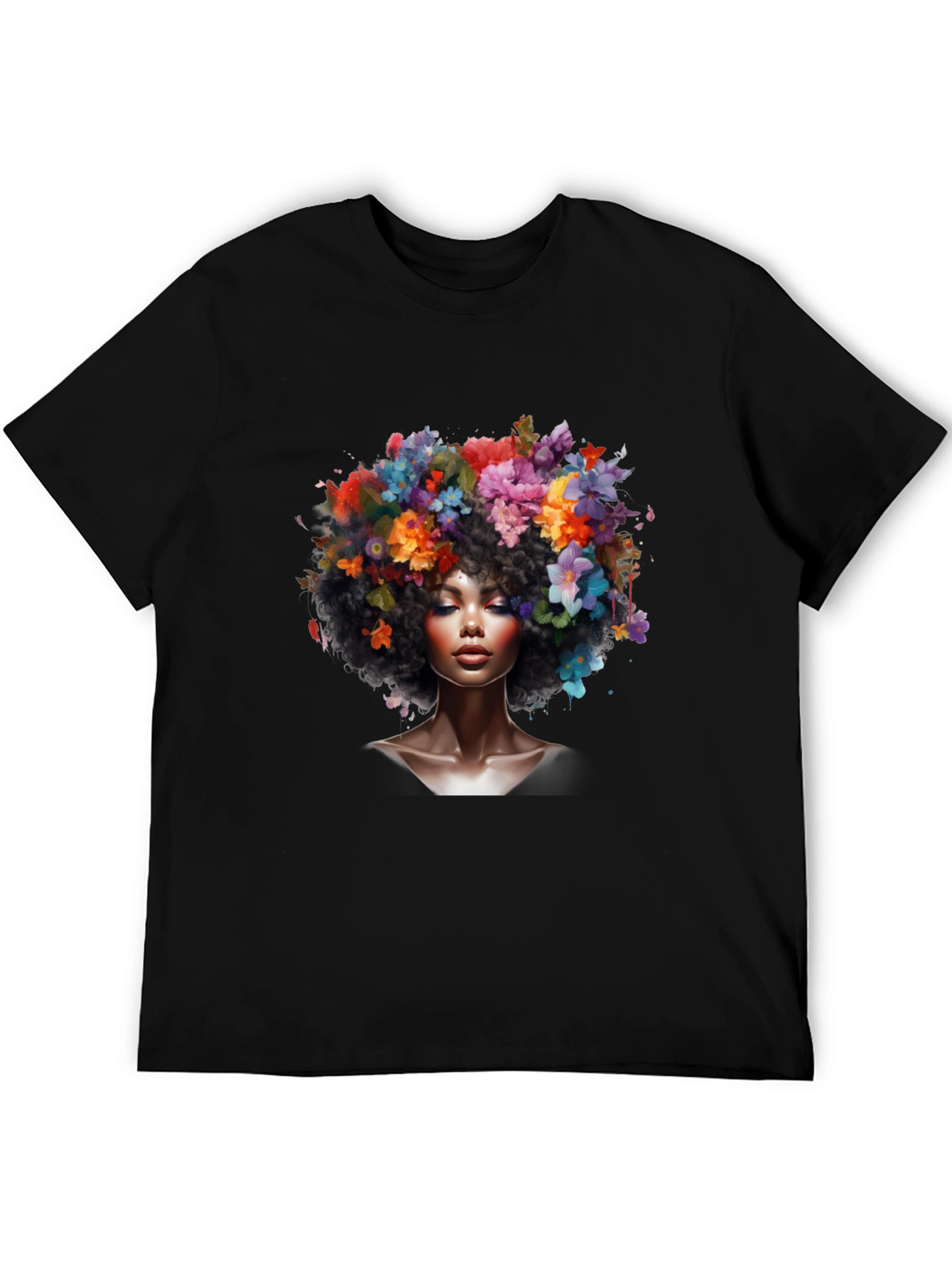 Floral Afro Woman Black T-Shirt