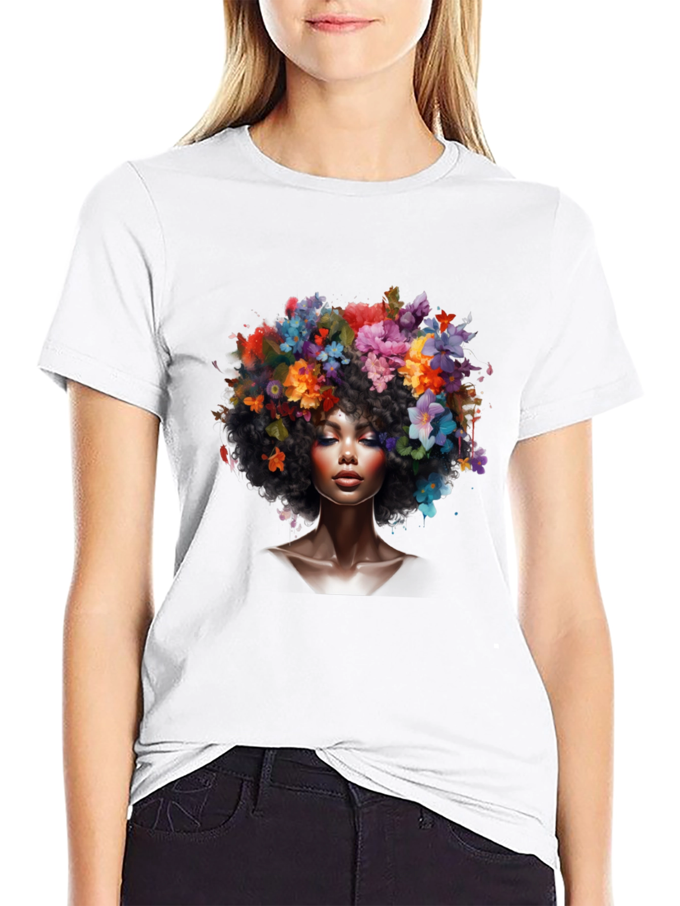 Floral Afro Woman Black T-Shirt