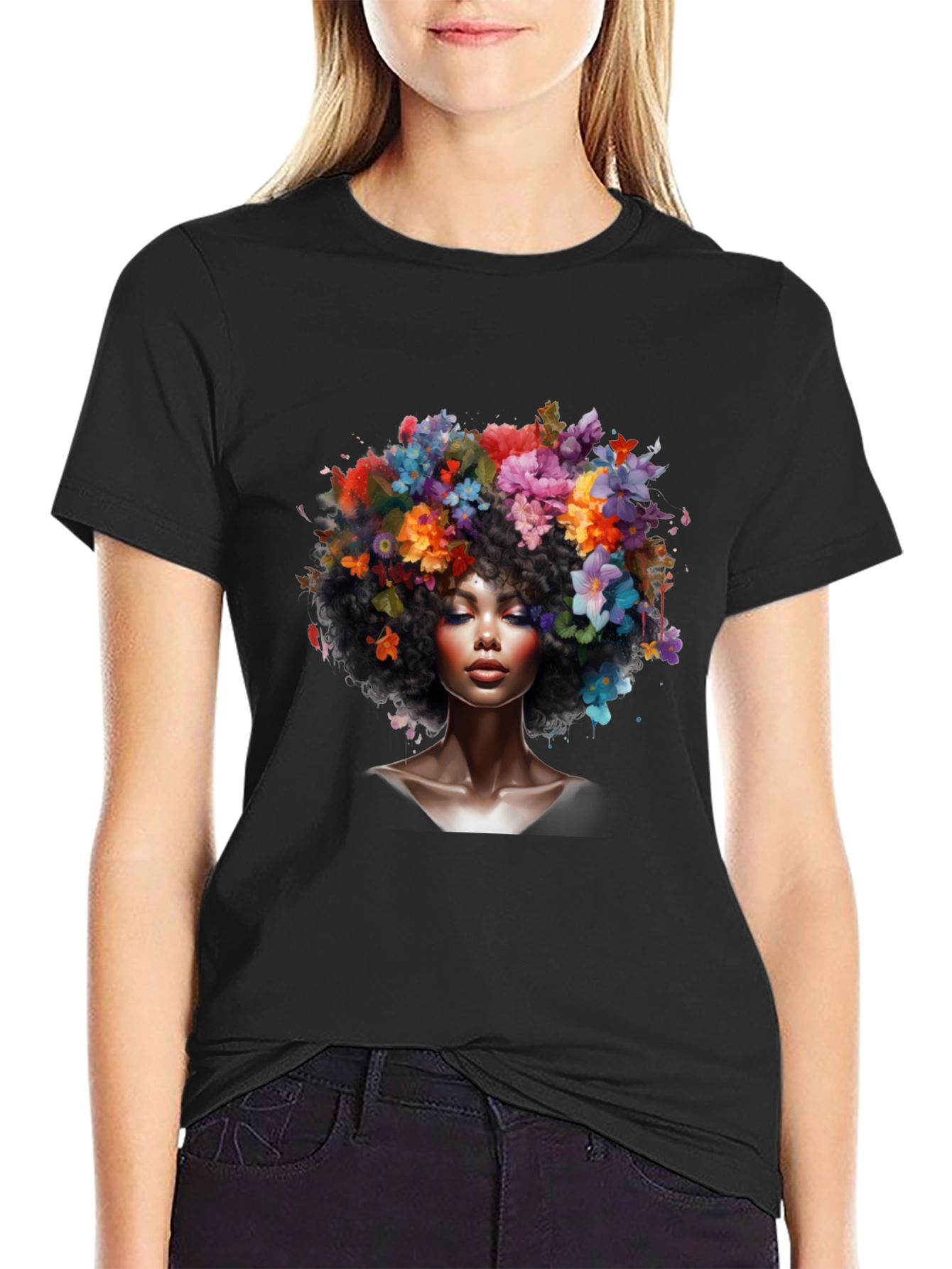 Floral Afro Woman Black T-Shirt