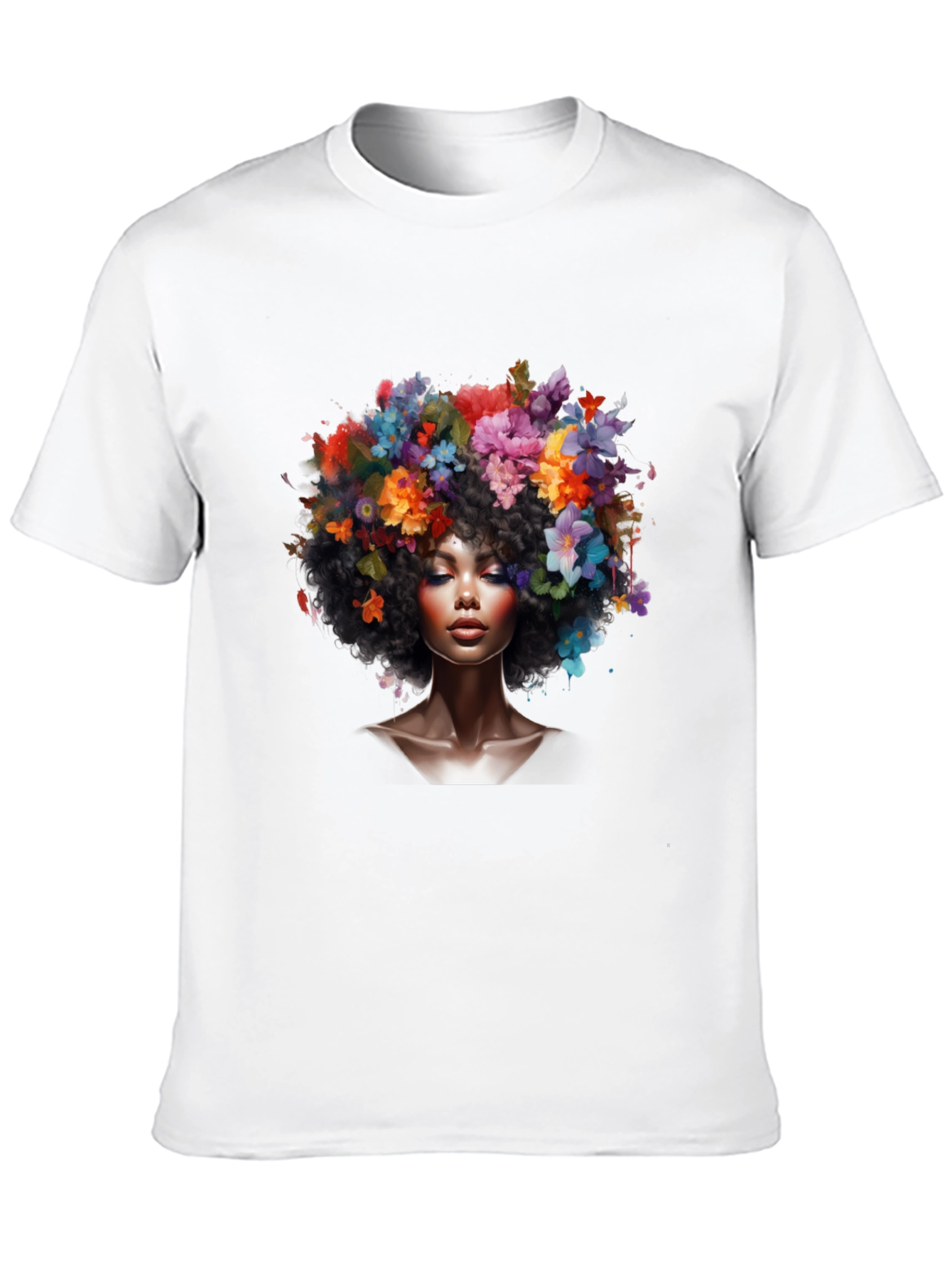 Floral Afro Woman Black T-Shirt