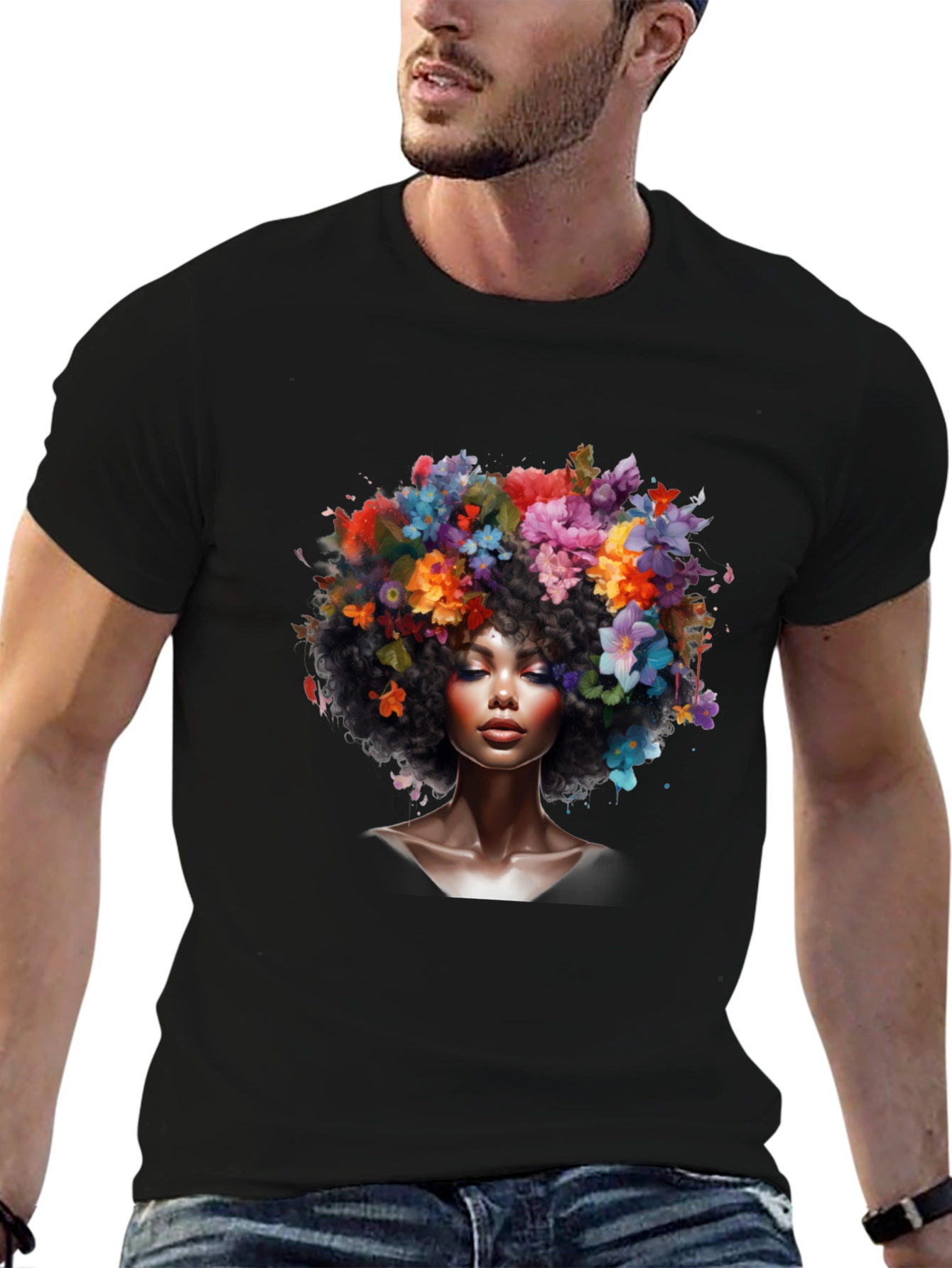 Floral Afro Woman Black T-Shirt