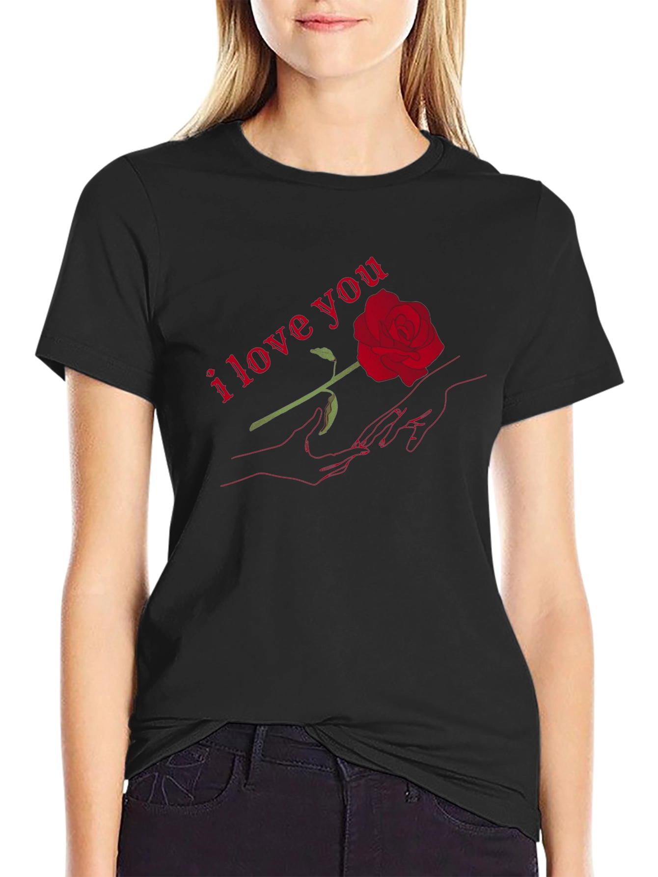 Romantic I Love You Rose Graphic T-Shirt - Black