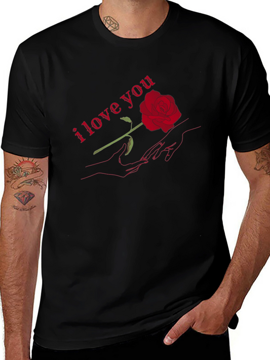 Romantic I Love You Rose Graphic T-Shirt - Black