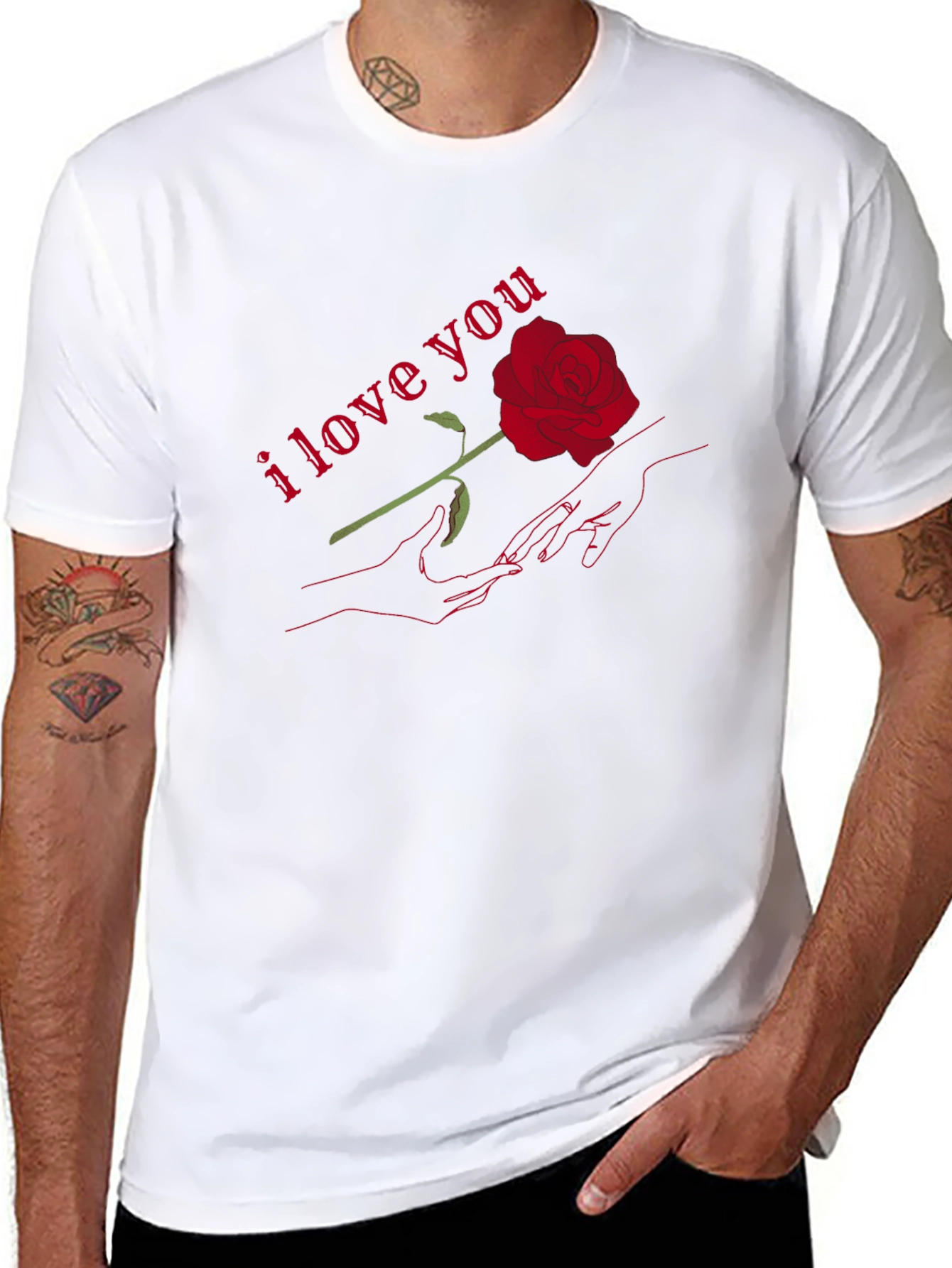 Romantic I Love You Rose Graphic T-Shirt - Black